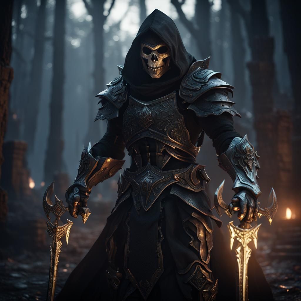 Menacing Warrior In Black Armor Wearing A Hood Over A Metallic Skull 