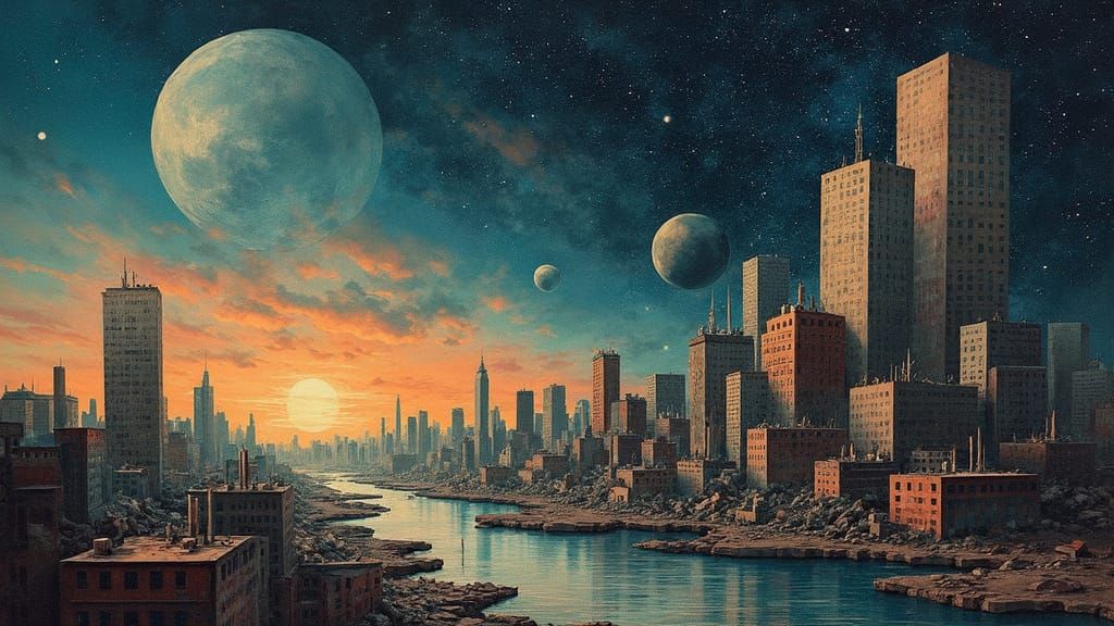 An abstract representation of a forgotten memory, visualized as a fragmented cityscape dissolving into a starry sky. Geometric shapes and di...