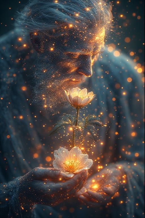 gently cradles a wilting flower