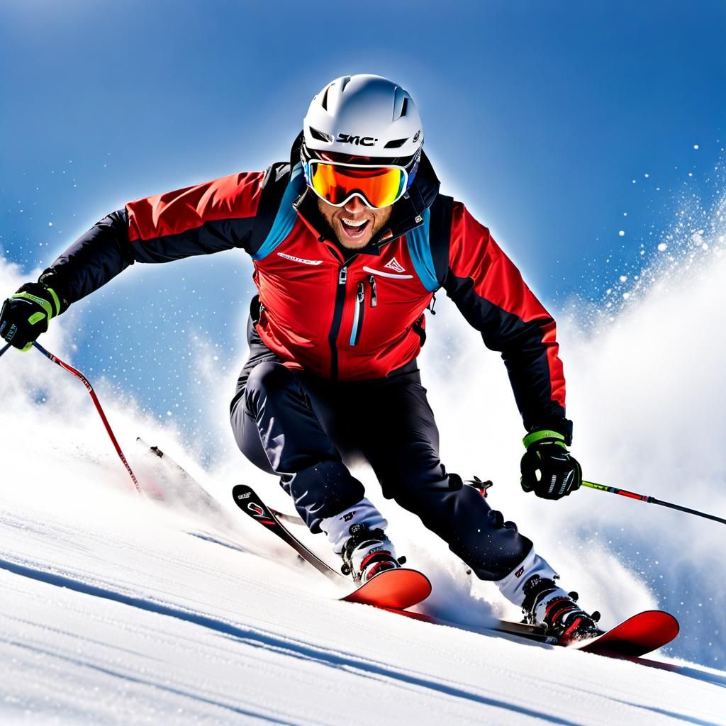 An energetic illustration of the thrill of alpine skiing on snowy