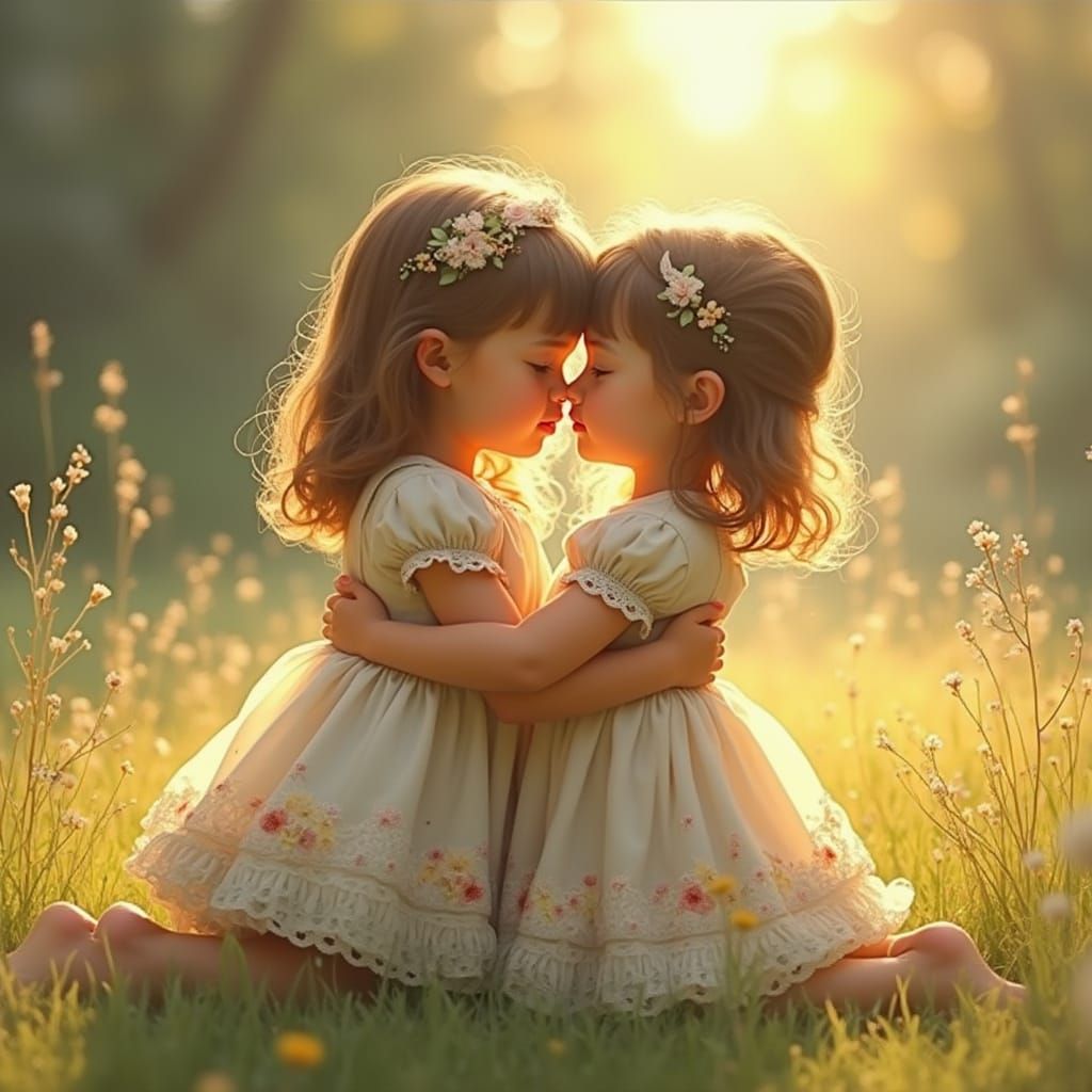 Sisterly Love: A Whimsical Embrace in Soft Lighting