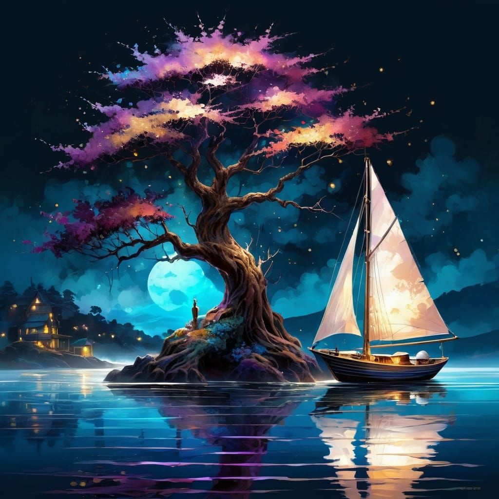 Plum wooden sailboat in the water