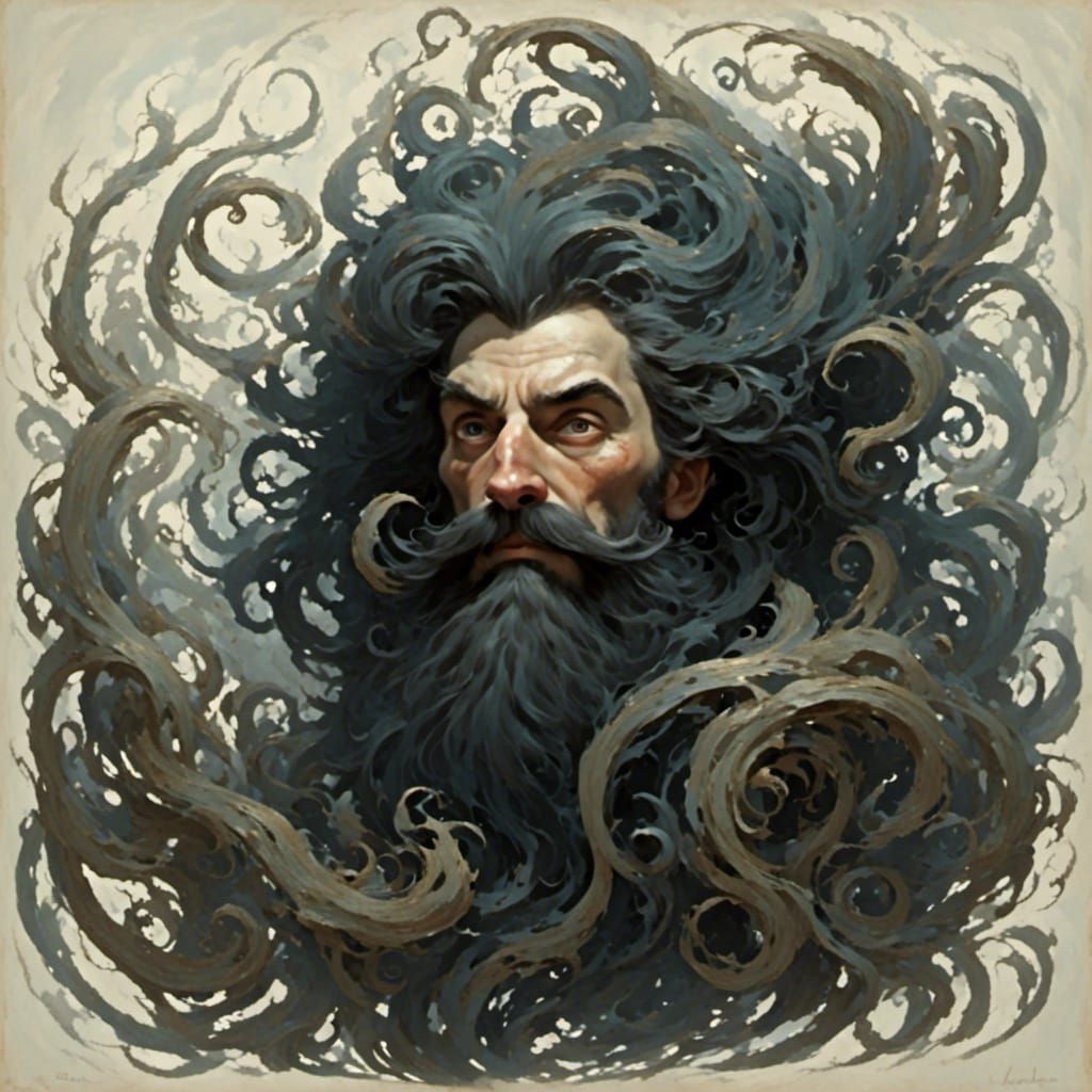 Mustache of epic greatest,<lora:Wisps:1.0>   tentacles of tremendous hair,  ticking all around him 