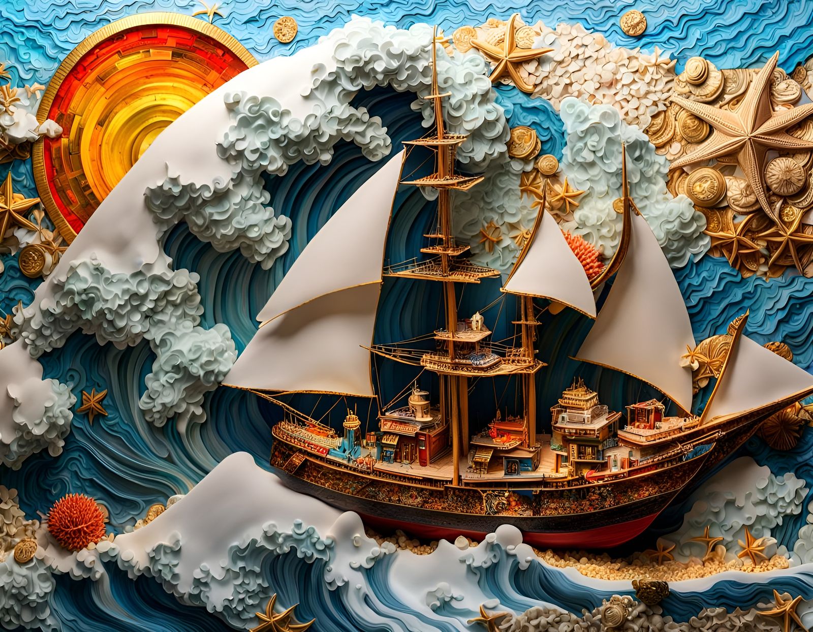 Maximalist 3D Collage: Seashells, Gold, and Origami