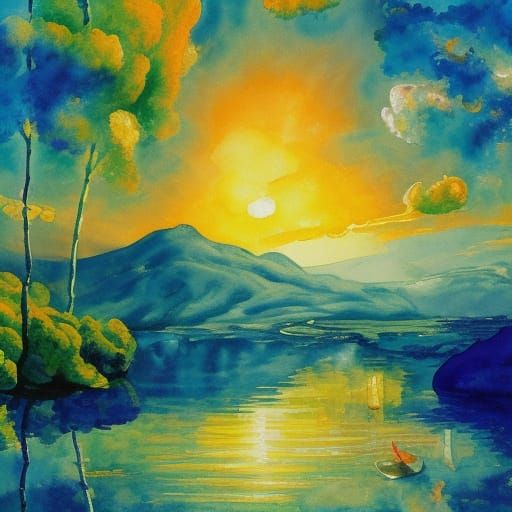 Gouache lake yellow sunset  Nature art painting, Gouche painting