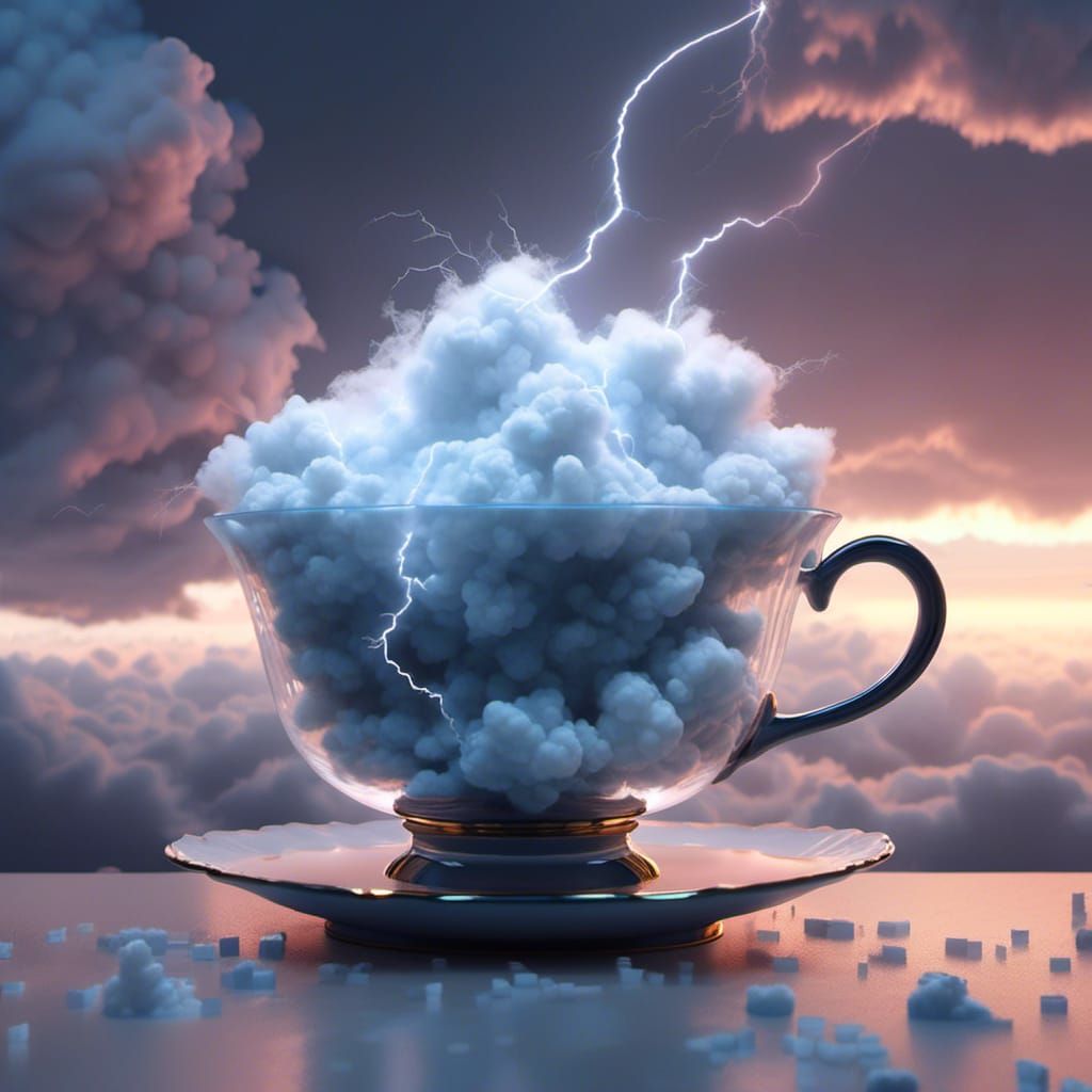 <lora:SdxlCLOUDS:1.0> Maximalist thunderclouds in a hyper-realistic clear glass teacup with a lightning storm inside, Crystal-clear, illumin...