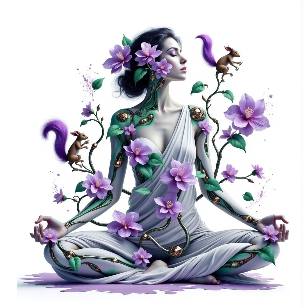 A graceful <lora:BiomechFloraFusion:1.0> woman holds a twisted seated yoga pose, her form merging with biomechanical ivy and blooming violet...