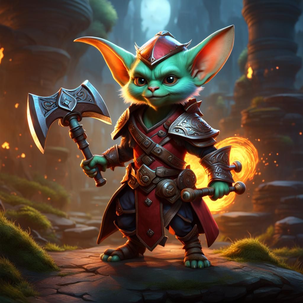ravnica izzet cute goblin a tunic, with long hair and holdin...