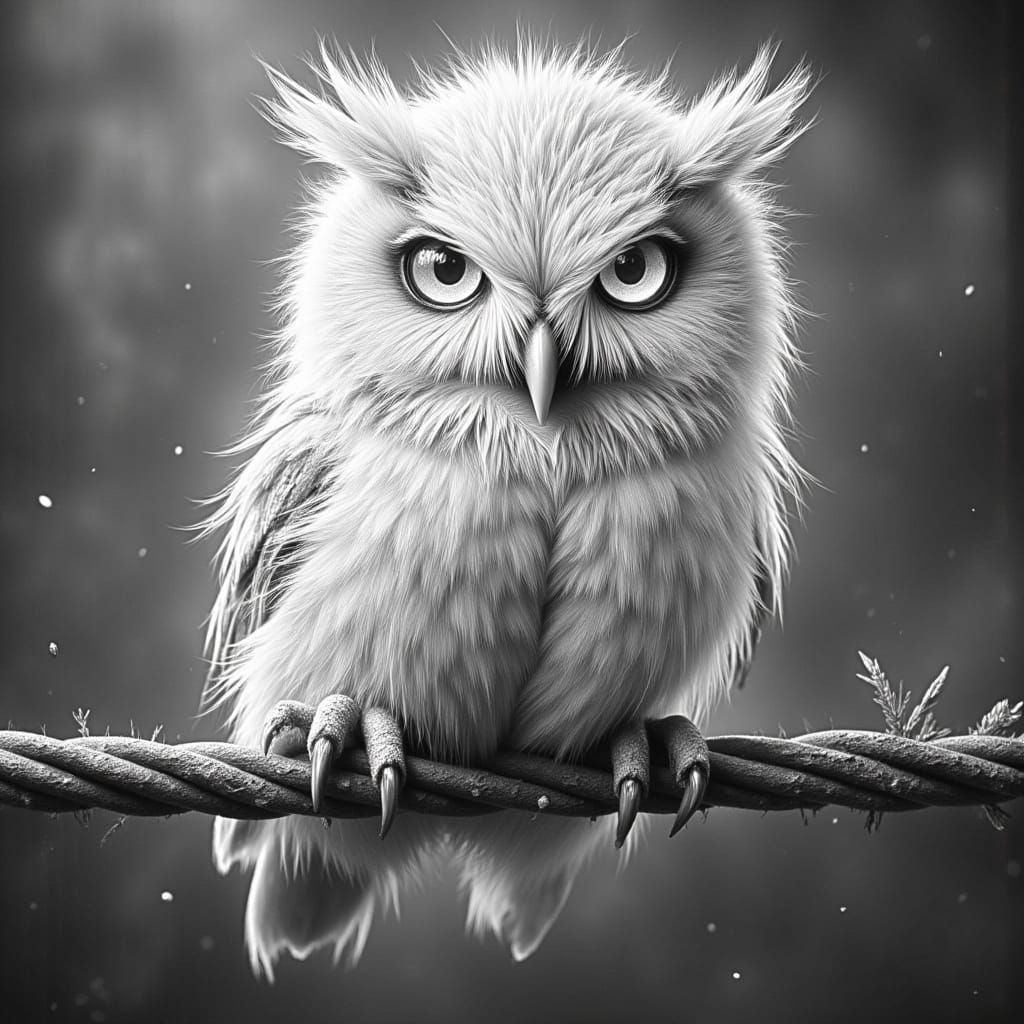 <lora:-Omnious BnW-:1.0> colorful fluffy owl sitting on barb  wire