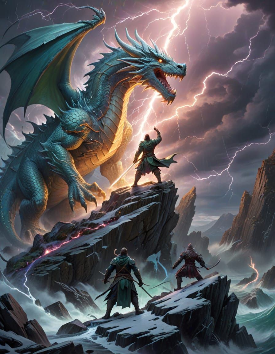 3 brave knights against a terrific roaring dragon. 