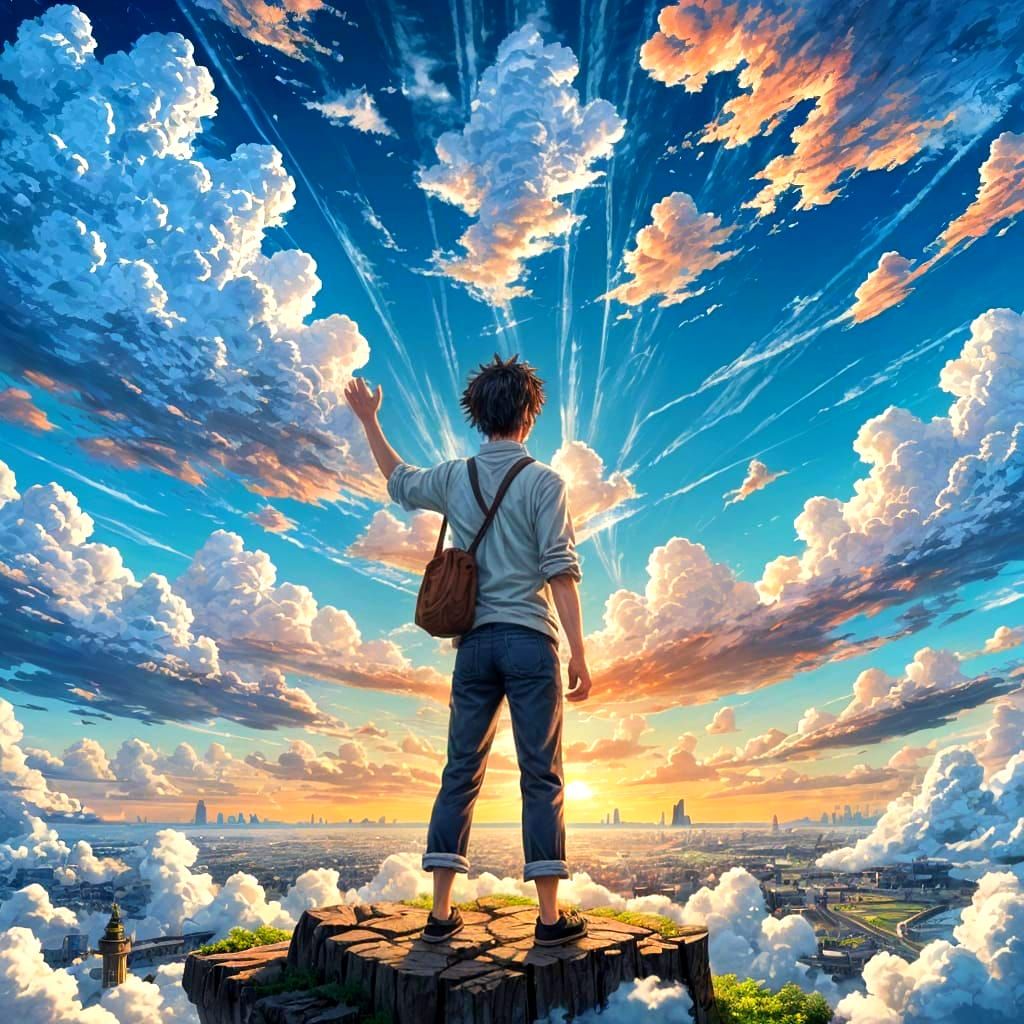 Satoru Gojo on Clouds in Anime Key Visual Style