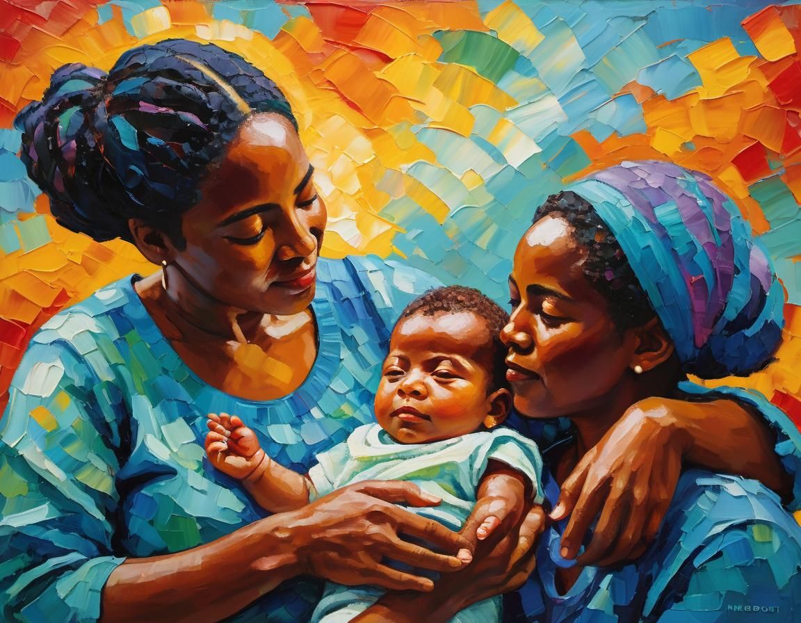 Interracial Gay Mothers Cuddling Newborn as Expressionist Pa...