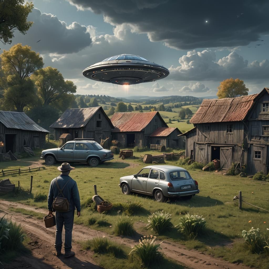 french farmer watches from his barn a grey small saucer ufo ...