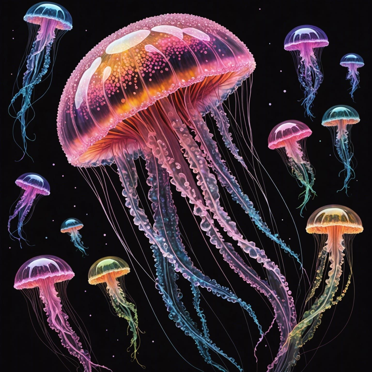 Glowing Glass Jellyfish: This captivating artwork combines i...
