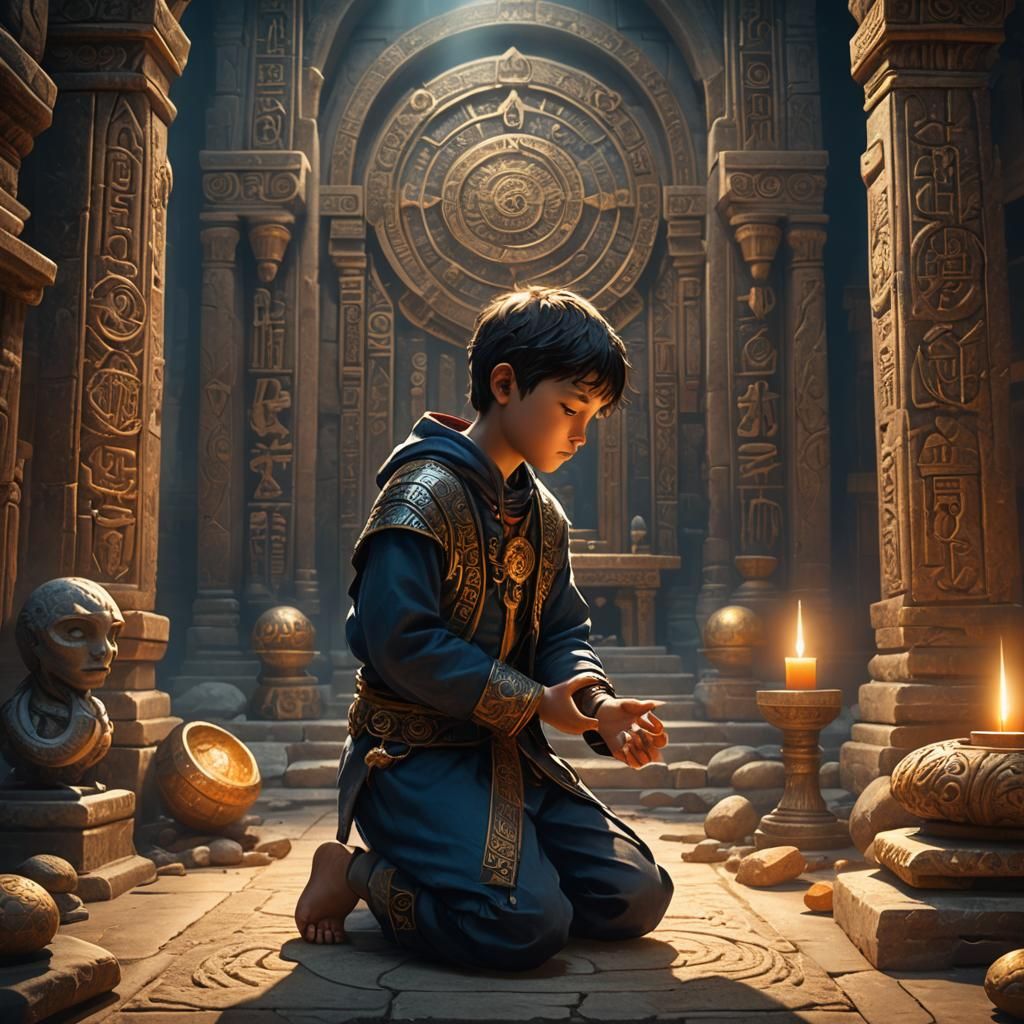 Boy Praying in Mystical Temple: Fantasy Art