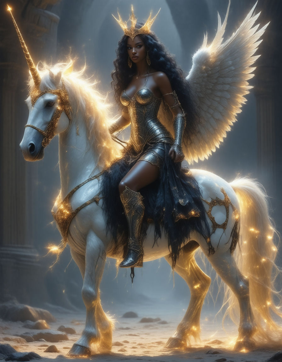 A powerful goddess riding a futuristic unicorn SD