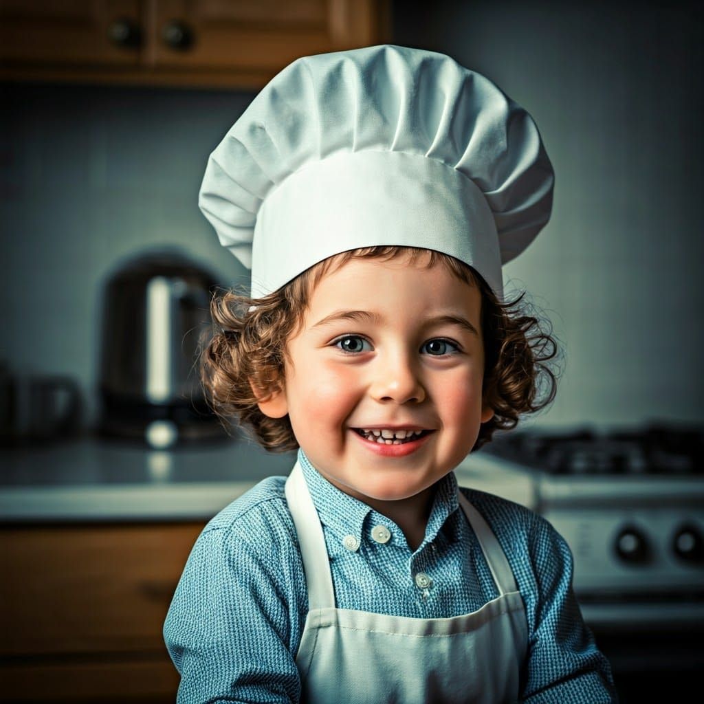 Joyful Orthodox Boy in Chef's Hat, Captured in Cinematic Fil...