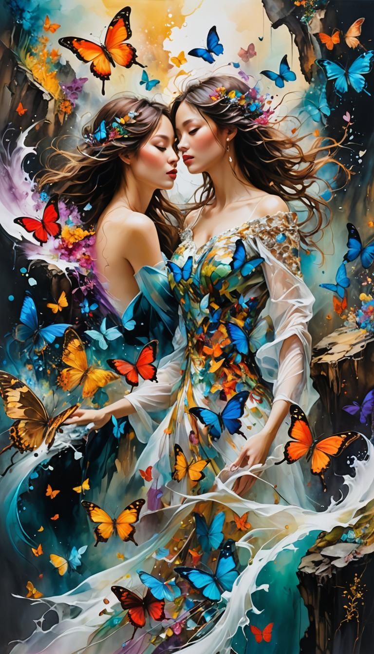 Butterflies Dance on Canyon Waves: Surrealist Oil Painting