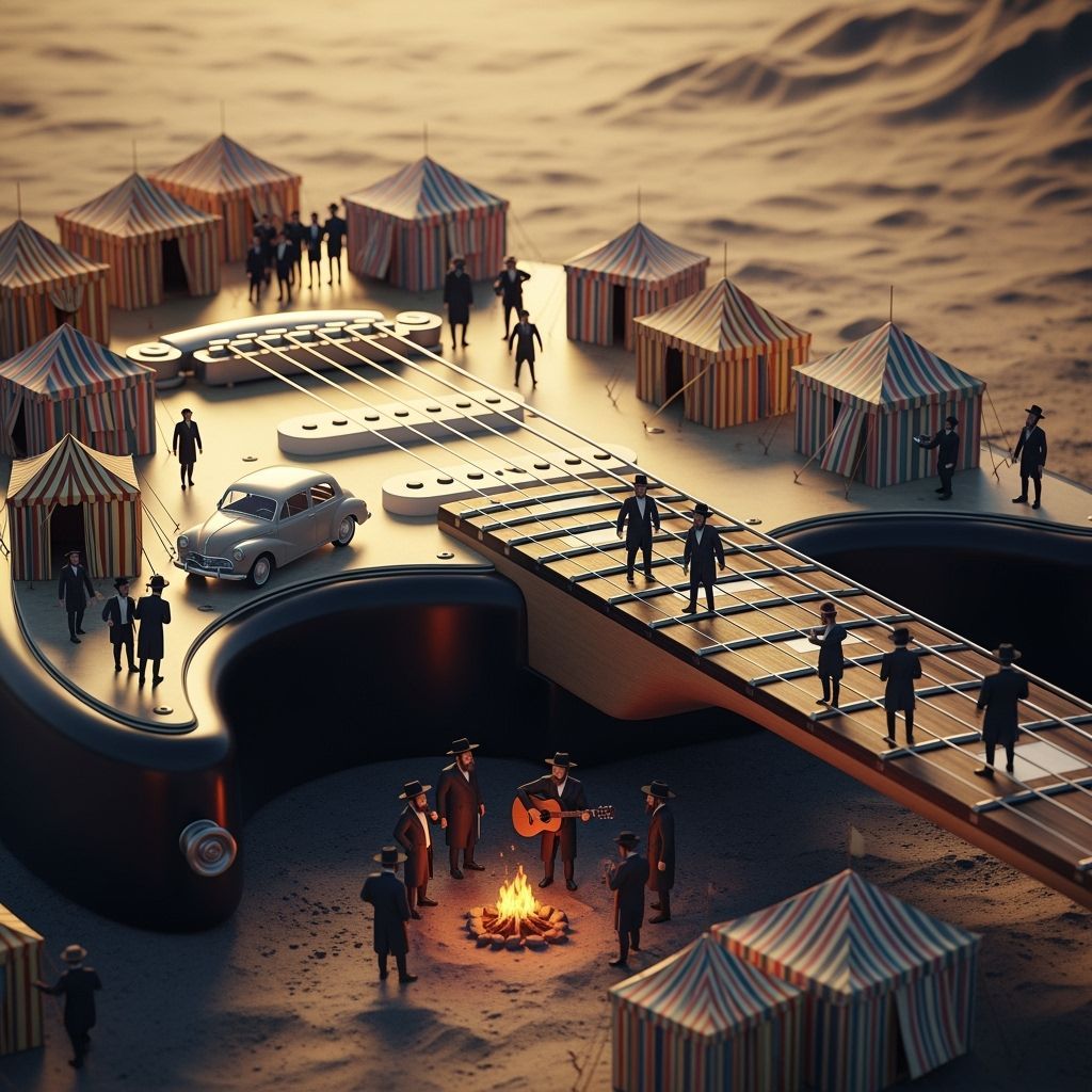 Miniature World on Gigantic Guitar at Sunset