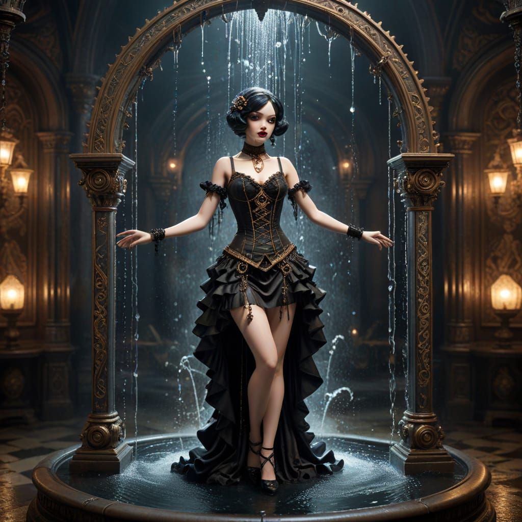 imagine a surreal scene where a gothic marionette flapper girl is not on a stage, but inside a grand, sculpted fountain. Water cascades arou...