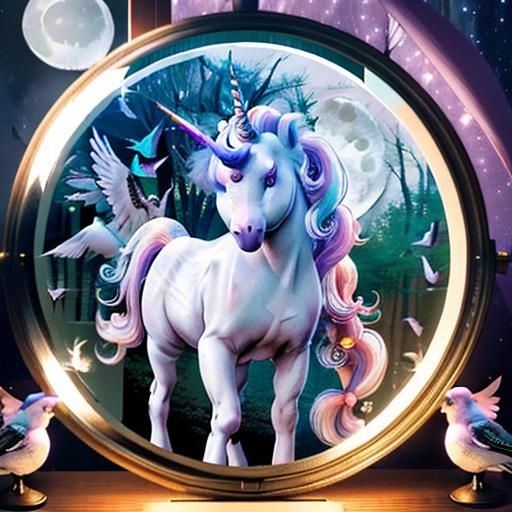 (anime unicorn:2) in Fantasy Forest with (Birds:2) flying in...