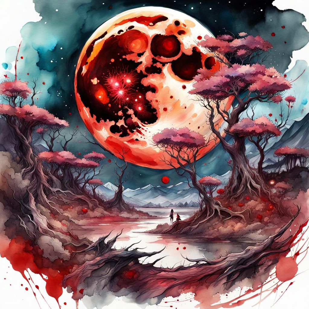 Disturbing bloodmoon landscape. Digital watercolor Illustration, Waterhouse, Carne Griffiths, Minjae Lee, Ana Paula Hoppe. Stylized watercol...