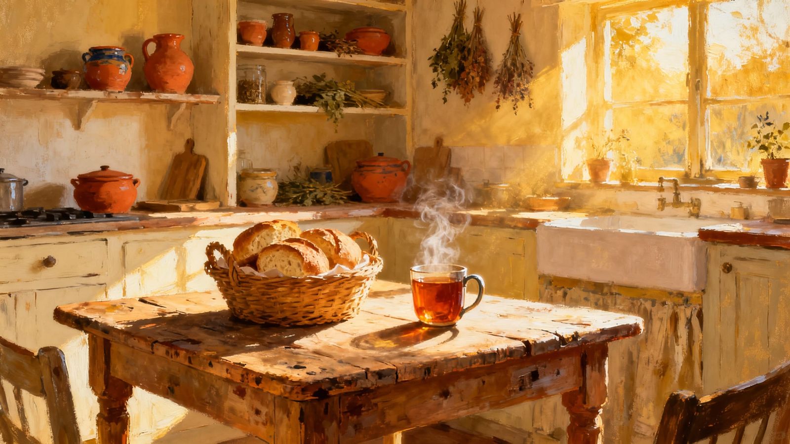 A sun-drenched rustic kitchen with a worn wooden table set for one. A basket of freshly baked bread sits ...  by @Russell Peers