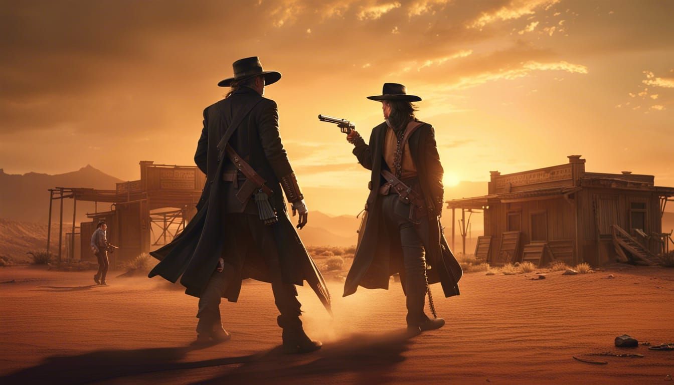 Two gunslinger engage in a duel, in Western setting, Desert town ...