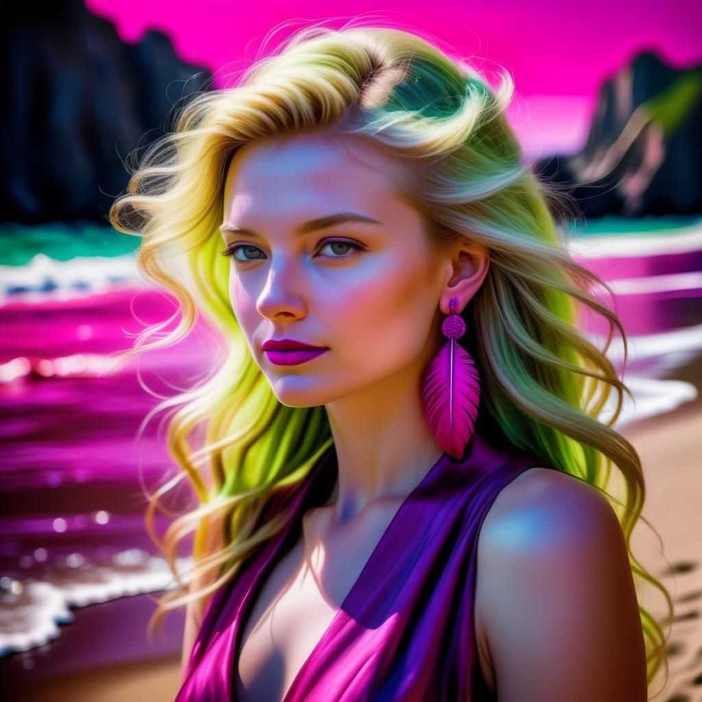 Beautiful girl, blonde hair, earrings, magenta gown, in a beach.
warm colors diffuse light detailed ethereal glowing neon volumetric lightin...