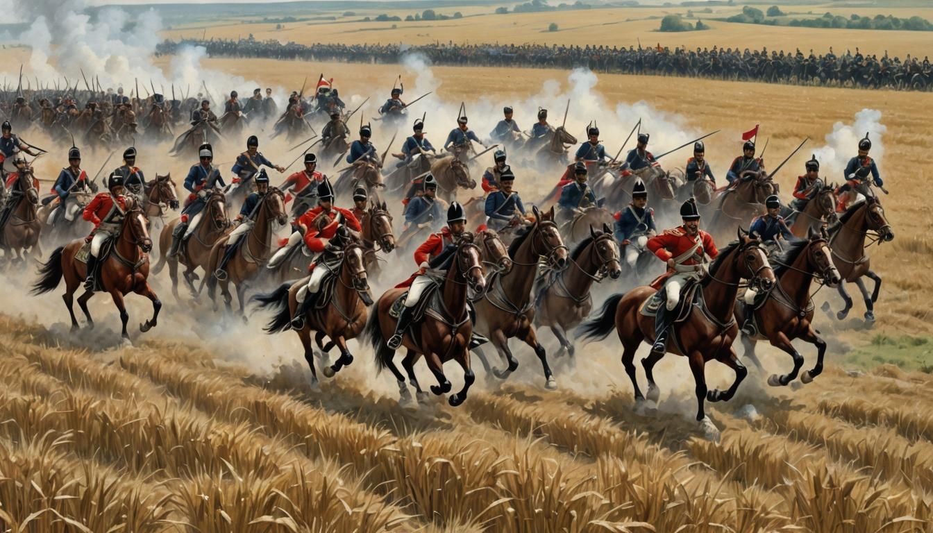 1870, charge of twelve mounted French Hussars across wheat f...