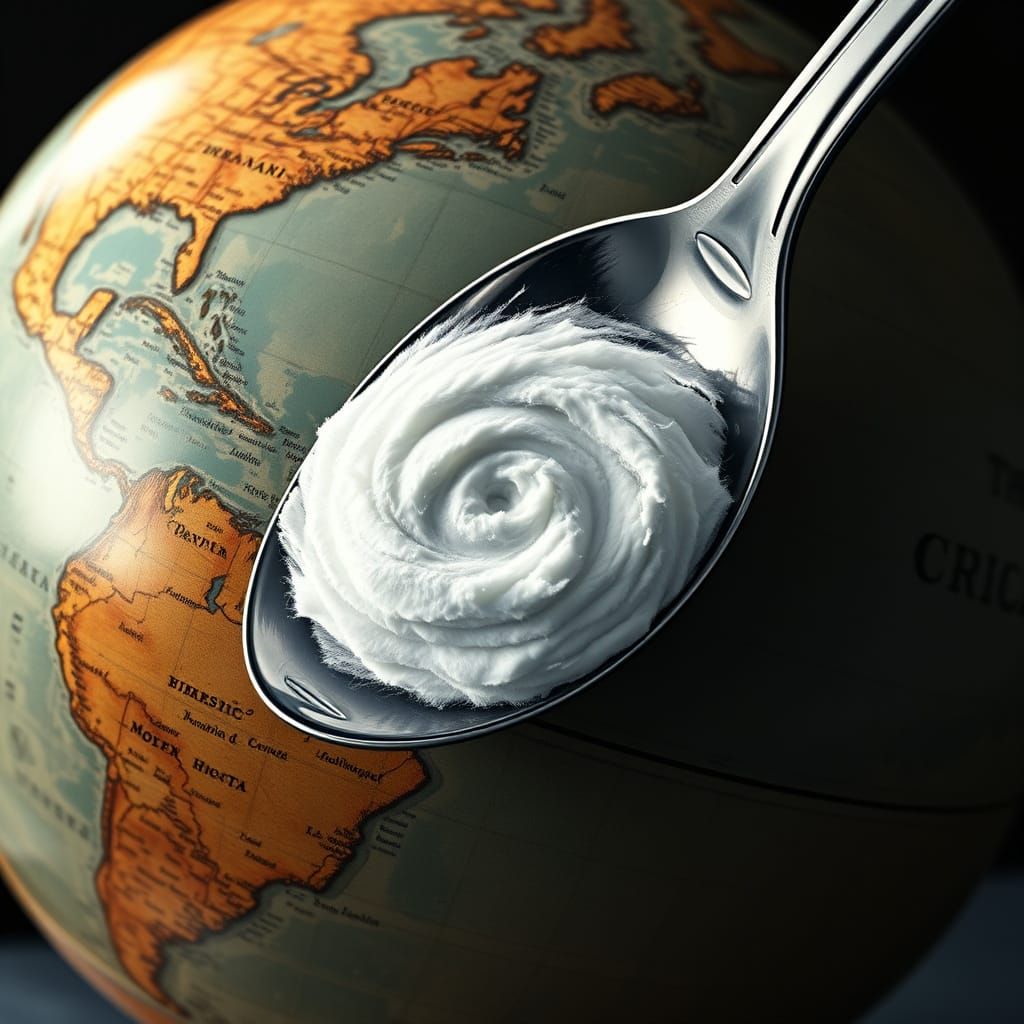A globe with a giant spoon with a huracane weather in the spoon.