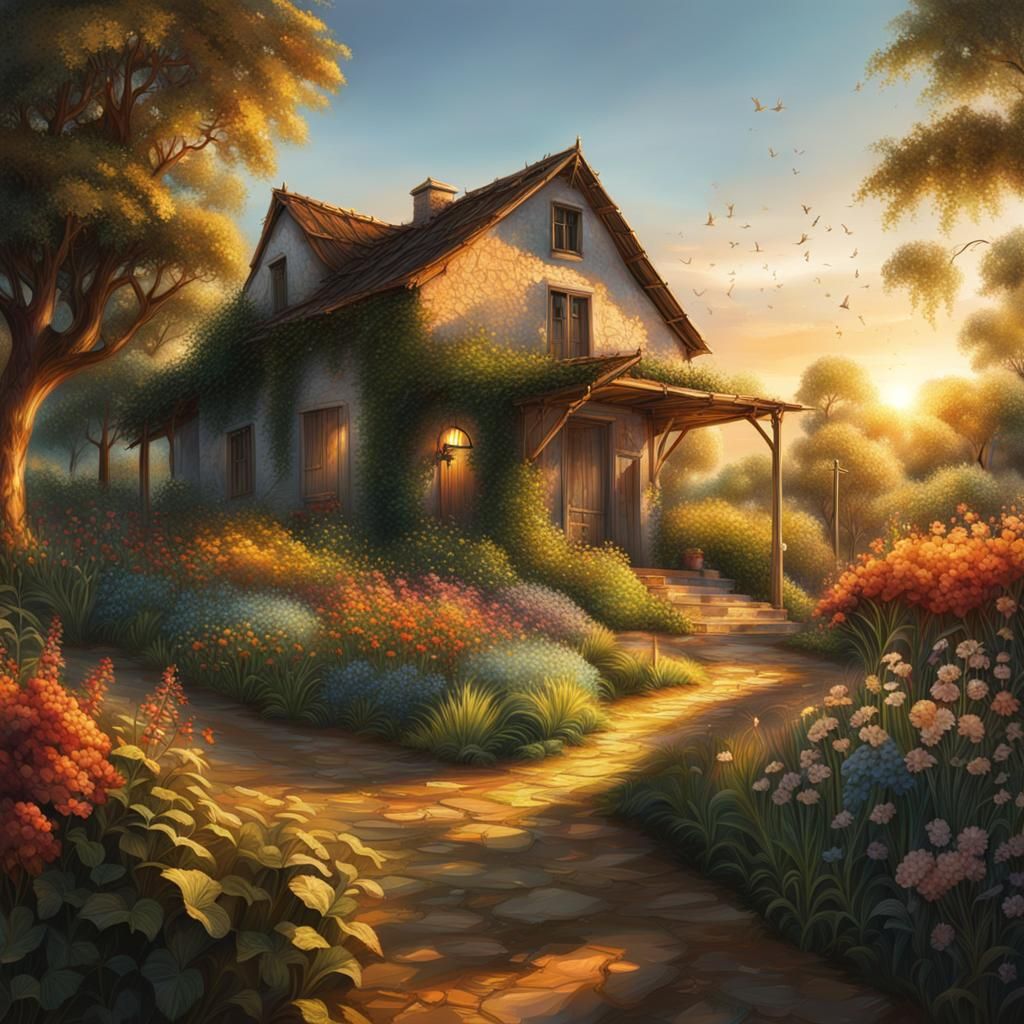 rural garden in golden hour