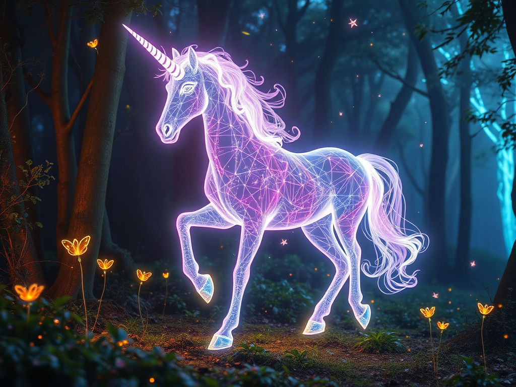 Holographic Unicorn lights a forest at night  by @GMX_TrackMaD