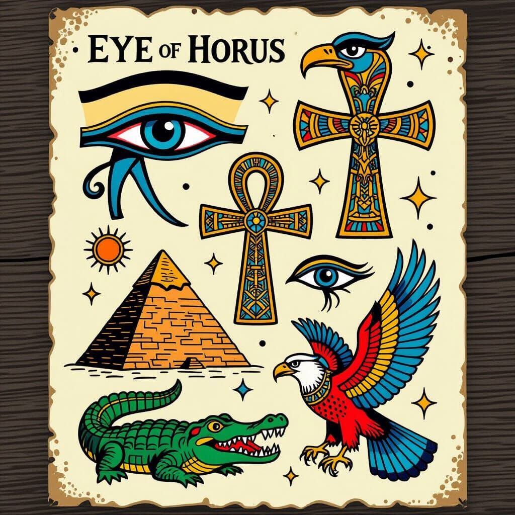 A flash tattoo sheet of the Eye of Horus, an ankh, a pyramid, a crocodile, and a hawk.  by @KWriter