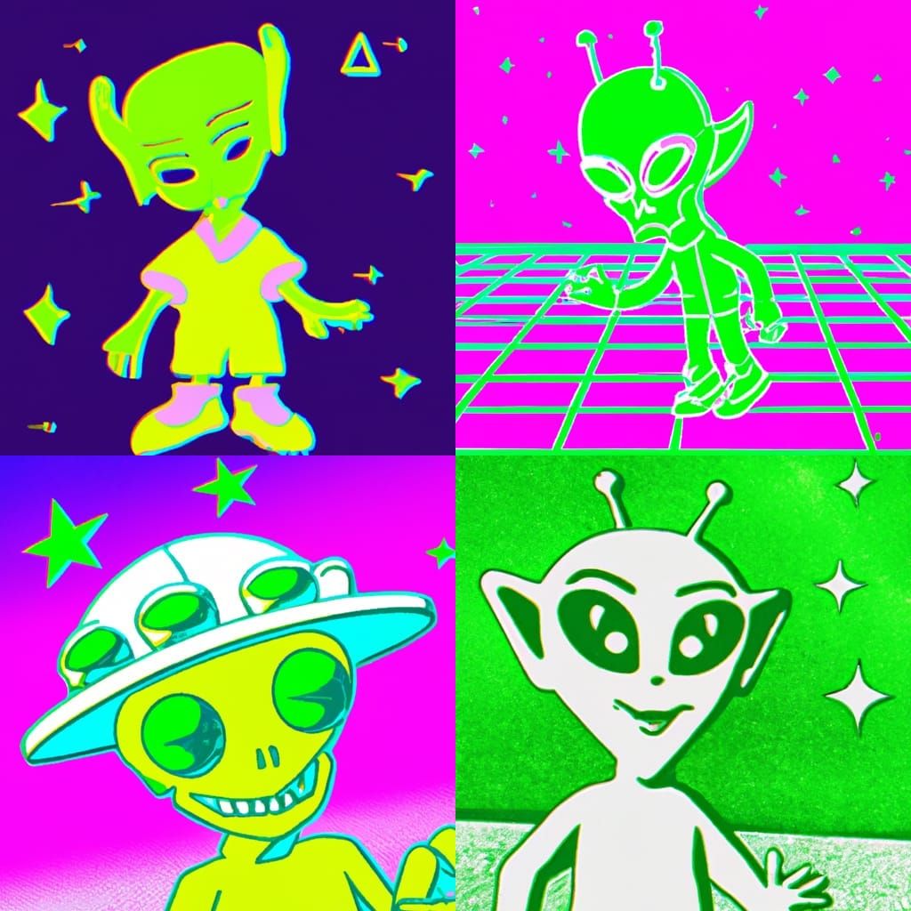 surreal esoteric cute green alien in a cosmic happy good vib...
