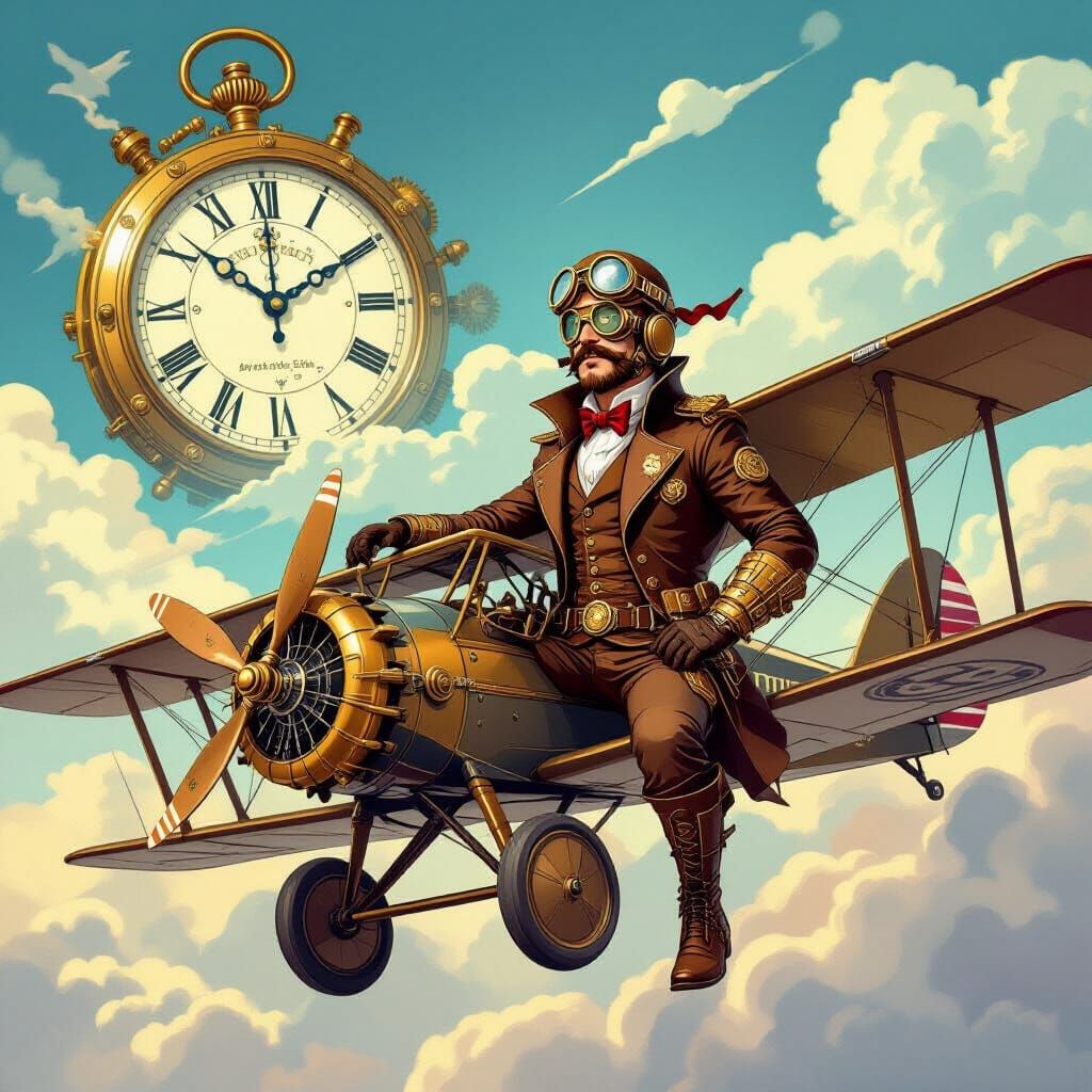 The Jack of Spades, portrayed as a dashing steampunk aviator with goggles and a brass monocle, stands on the wing of his biplane against a b...