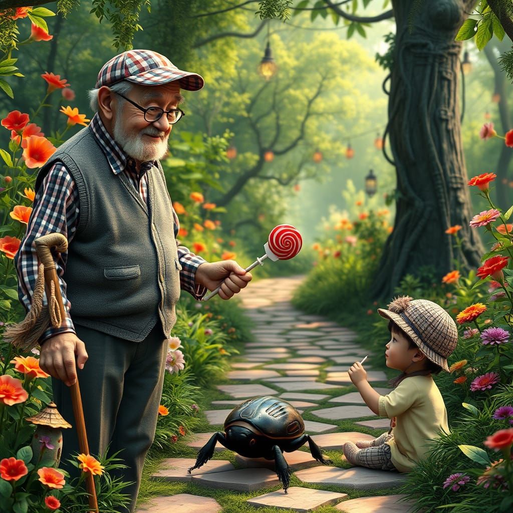 A Kind Old Man Surveys Whimsical Nature with a Curious Child