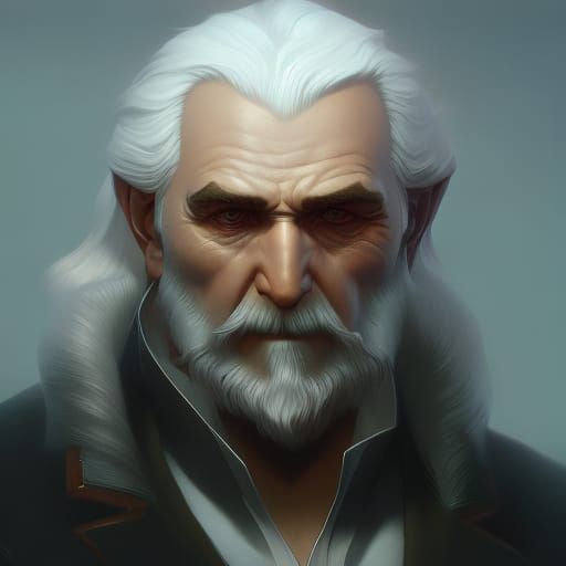 Old Man With Green Glowing Eyes, White Hair, No Hands, Hyper-realistic 