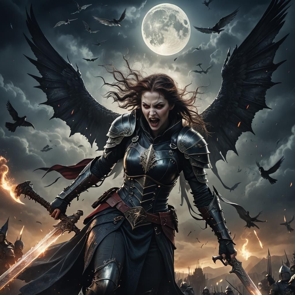 Female Vampire screaming at the night sky Armed with swords and Valkyrie armour
