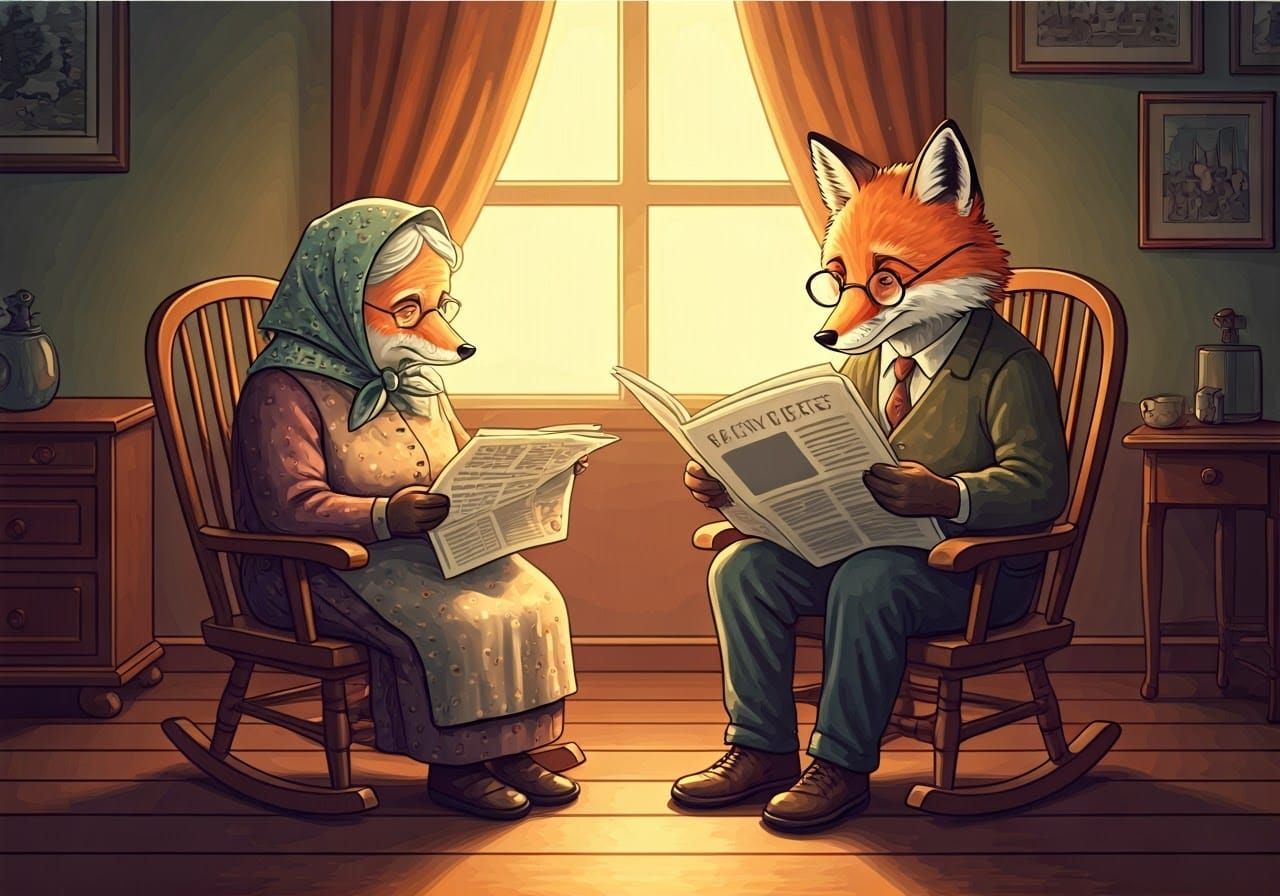 cartoon of two old aged foxes sitting on rocking chairs dressed in old people clothes, in a vintage living ...  by @Kindly Offer