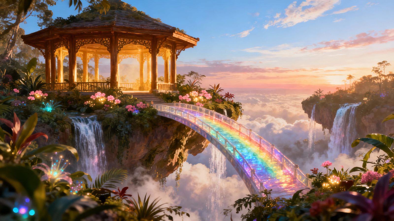 A fantasy getaway serene, floating island paradise accessible only by a shimmering rainbow bridge. Lush, ...  by @Monarch 