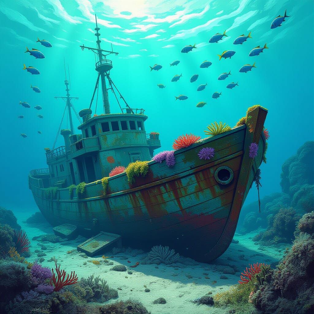Whimsical Shipwreck Covered in Seaweed and Coral