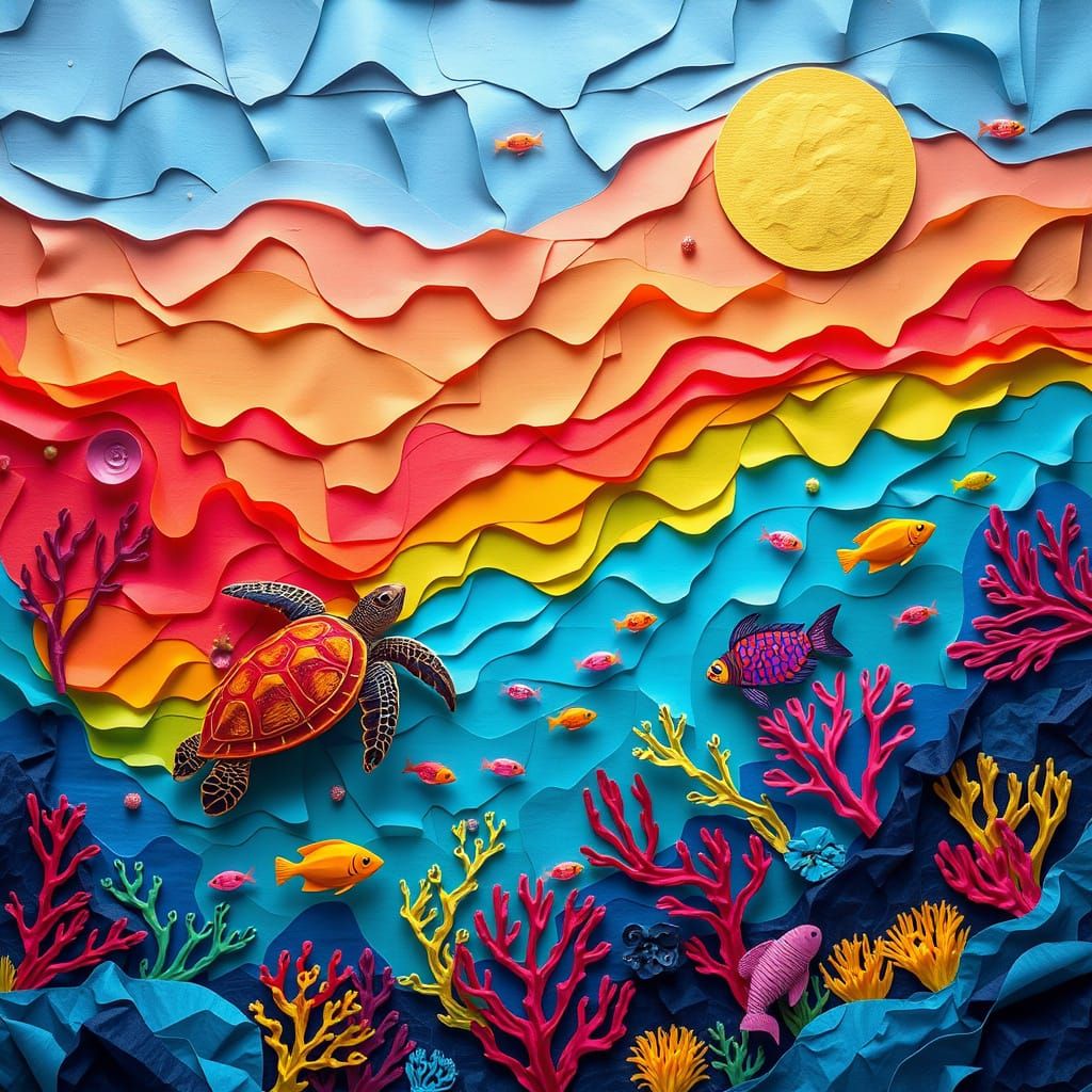 A psychedelic vibrant underwater landscape with sea turtles, translucent fish, multicolored coral, made ...  by @2Coloradobears