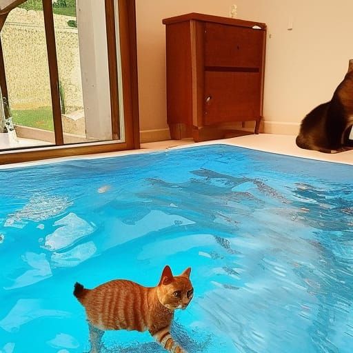 A cat swimming in a pool in your house at dinner
