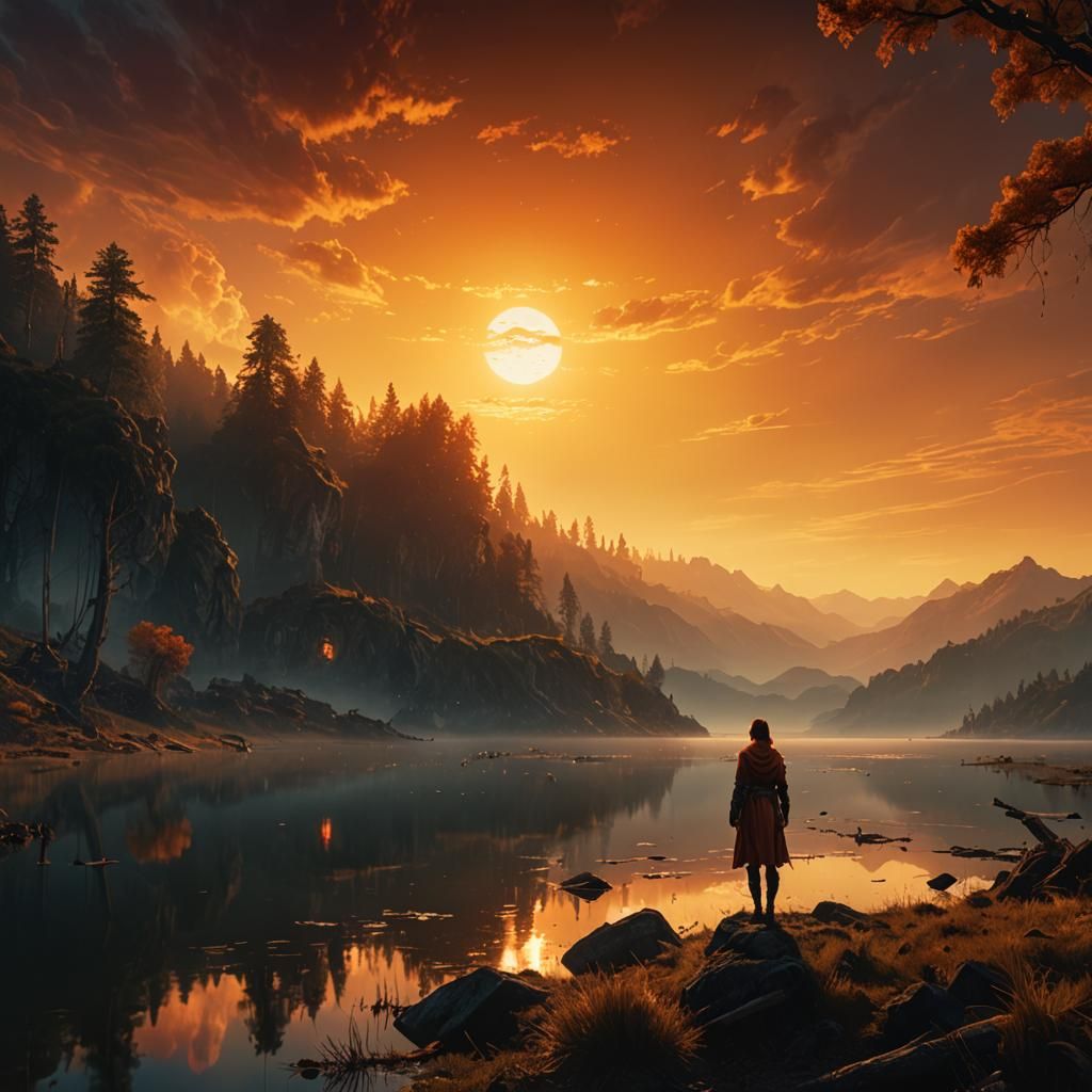 High Fantasy Magnificent sunset by the lake, high detail, high quality, Epic cinematic brilliant stunning intricate meticulously detailed dr...