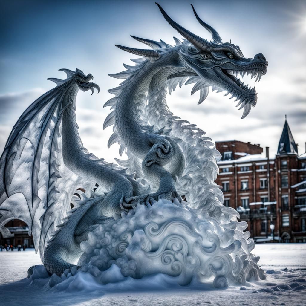 ice sculpture of a dragon in the snow intricate details, HDR 