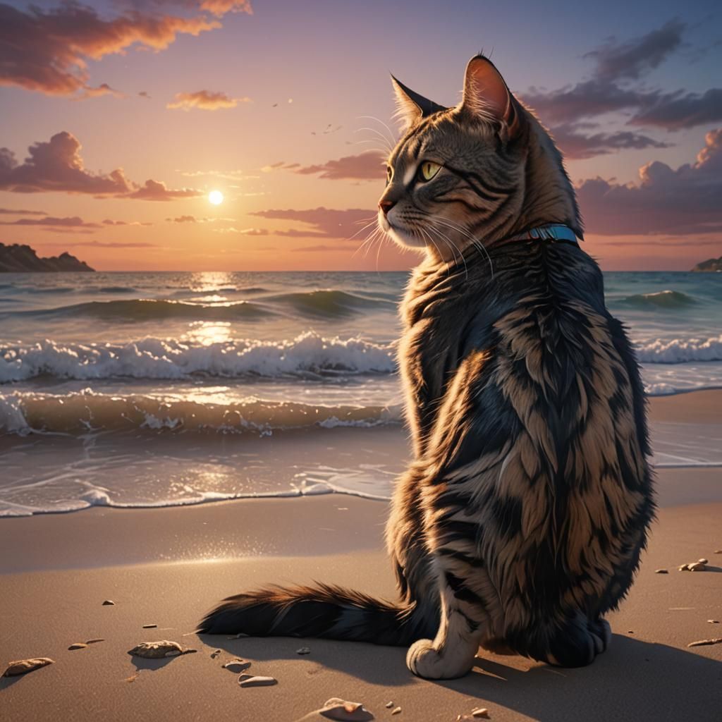 A thoughtful cat with his back to the camera, on a beautiful...