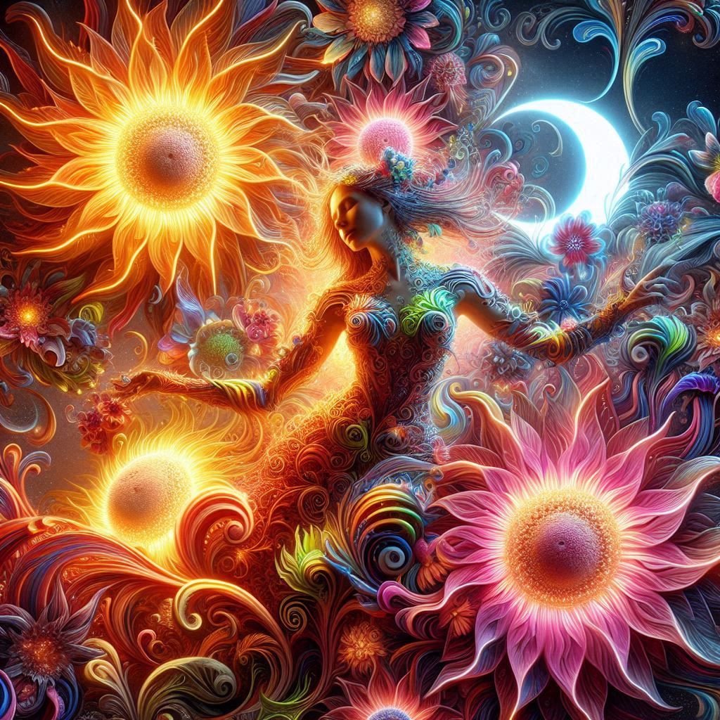 woman dances among vibrant flowers made from sun and moon el...