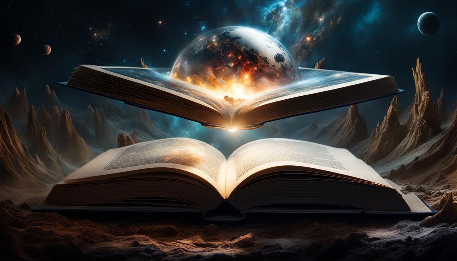 Open book placed next to a calm forest scene at dawn