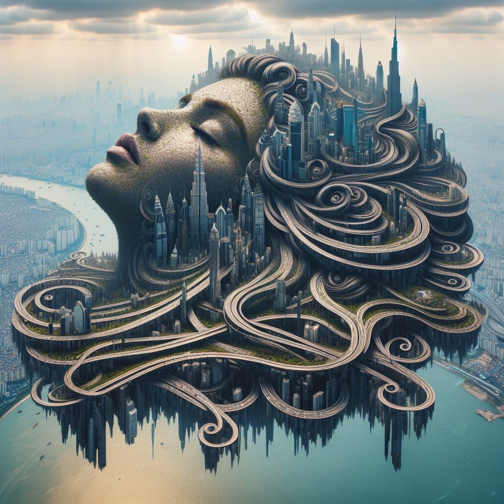 a surreal and fantastical landscape, a massive  floating city-scape forms the body of a woman, with towering ...  by @Mary Elizabeth 